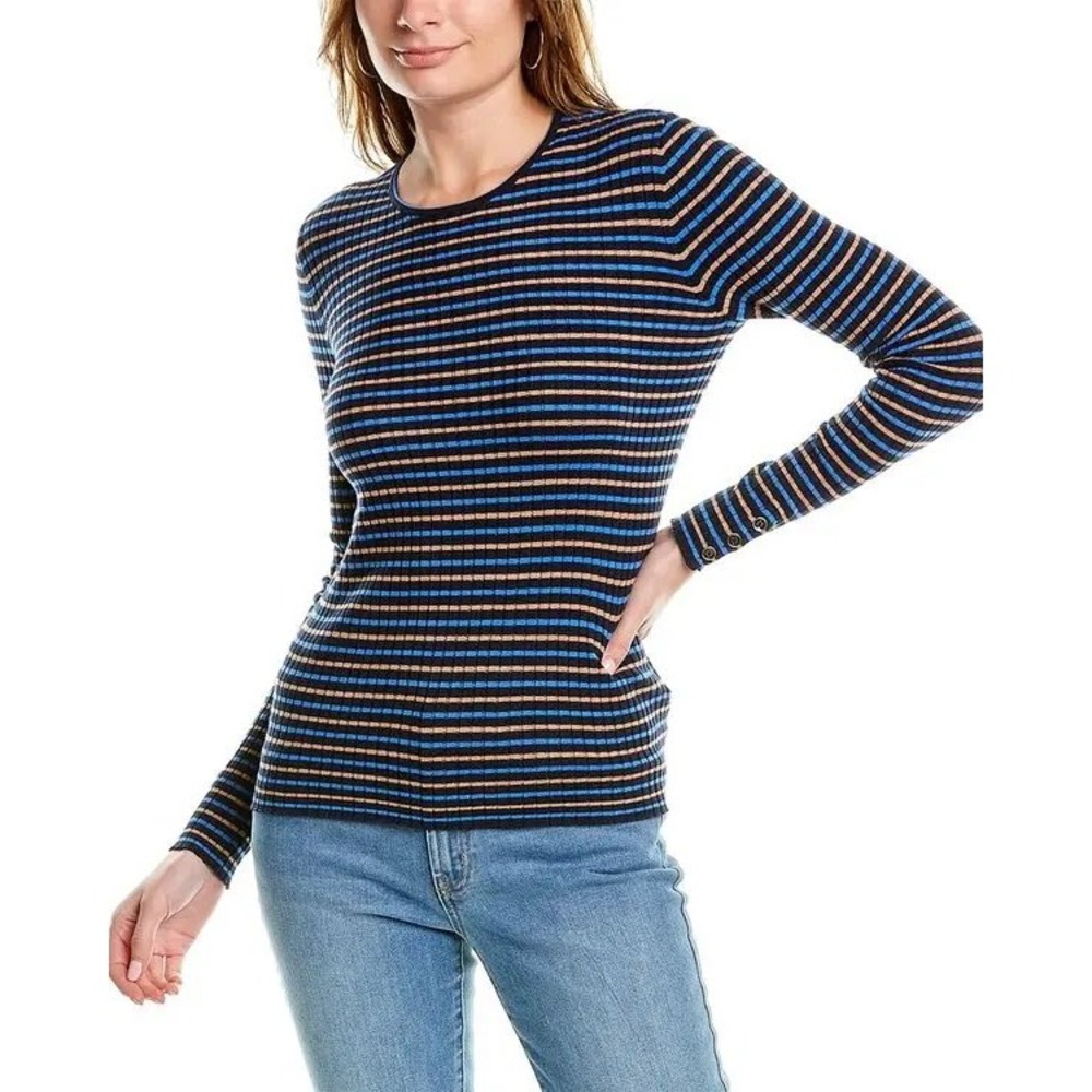 J.McLaughlin annette sweater Blue Striped Ribbed Knit Button Cuff Top L Preppy